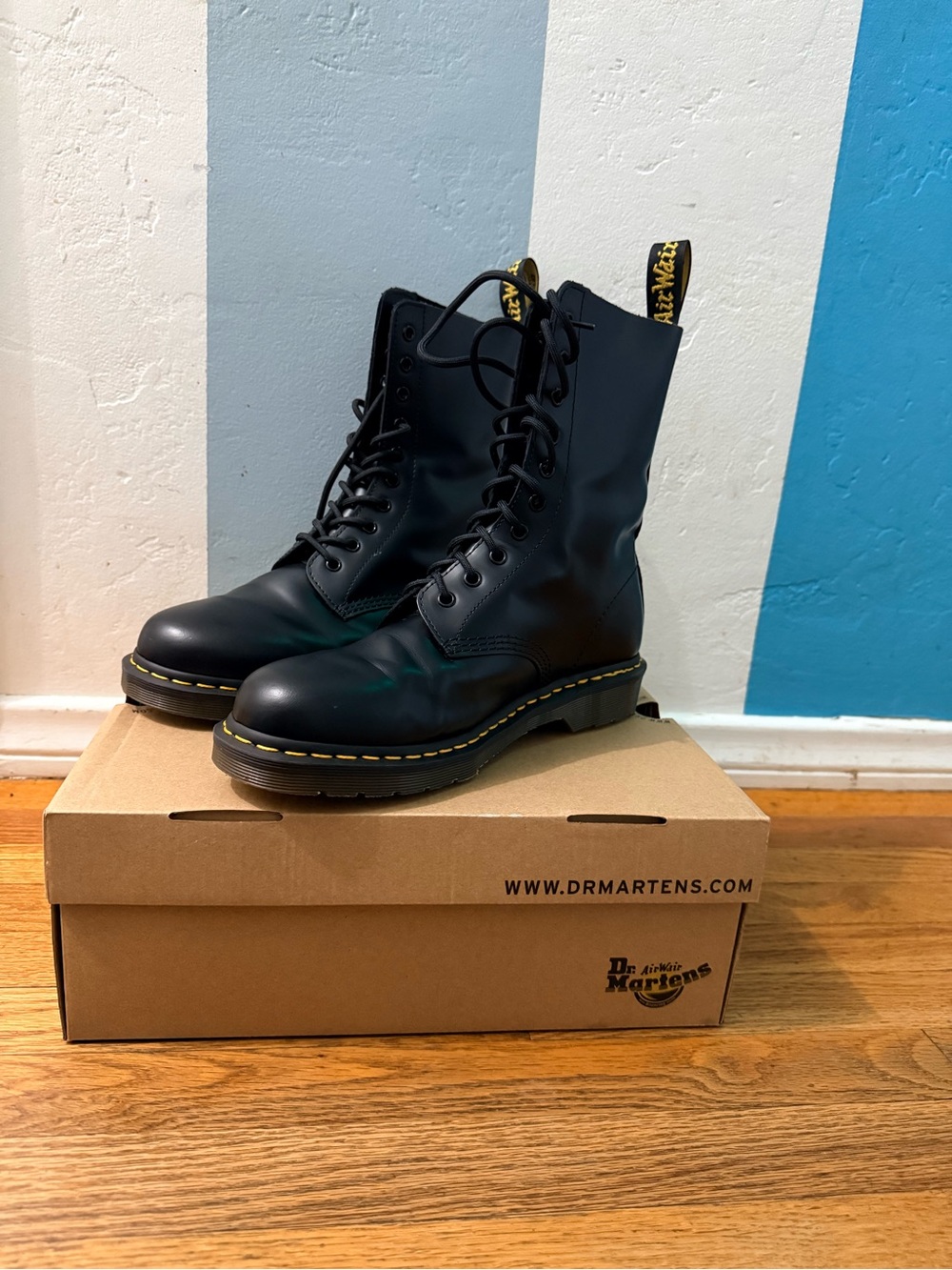 Dr. Martens Black Leather Lace-Up Combat Boots with Yellow Stitching